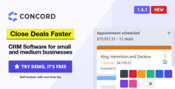 Try demo https://demo.concordcrm.com E-Mail Address: admin@test.com Password: concord-demo Documentation Main: https://www.concordcrm.com/docs API: https://www.concordcrm.com/docs/api Support https://www.concordcrm.com/tickets Releases & Changelog https://www.concordcrm.com/releases