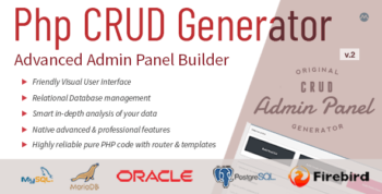 Full Comprehensive documentation Online tutorials & videos Includes PHP Form Builder What is PHP CRUD Generator? Created with the most trusted web technologies, PHP CRUD Generator is a powerful and intuitive solution to create Bootstrap admin dashboards. The one-page visual interface gives full access to the database. PHPCG performs an in-depth analysis of your data and stores it: all types of relationships between tables, primary and foreign keys, field types and values, validation, etc. This intelligent analysis is used to preconfigure the options adapted to each element of the administration panel. Validate each of the 3 generator forms to create your Admin Panel content. Bootstrap Admin Panel Builder PHP CRUD Generator - Choose an action Choose the table to be used for integration in your Admin Panel Generate the relevant data table (READ) Generate create/edit forms (CREATE/UPDATE) Generate delete form (DELETE) Customizable Bootstrap themes & CSS 20+ Bootstrap themes included Change the Bootstrap theme & customize in a few clicks Generate a full-featured Bootstrap Admin Panel PHPCG automatically provides the best tools needed to build your Admin Panel: drop-down lists with integrated search, date and time pickers, collapsible menus, collapsible nested tables, in-place editing, file upload, image upload with editing features and thumbnail generation, help texts and tooltips.